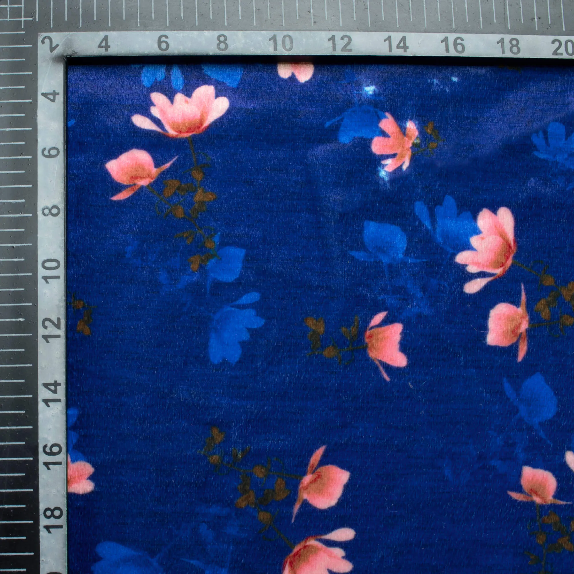 Admiral Blue And Rose Pink Floral Pattern Digital Print Velvet Fabric (Width 58 Inches)