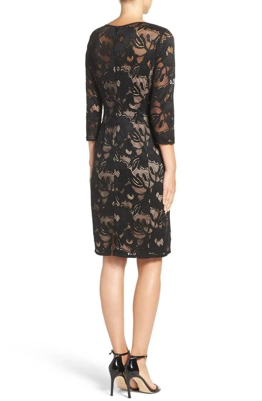 Adrianna Papell - AP1D100050 Quarter Sleeve Floral Lace Illusion Dress - 1 Pc Black/Pale Pink in Size 8 Available