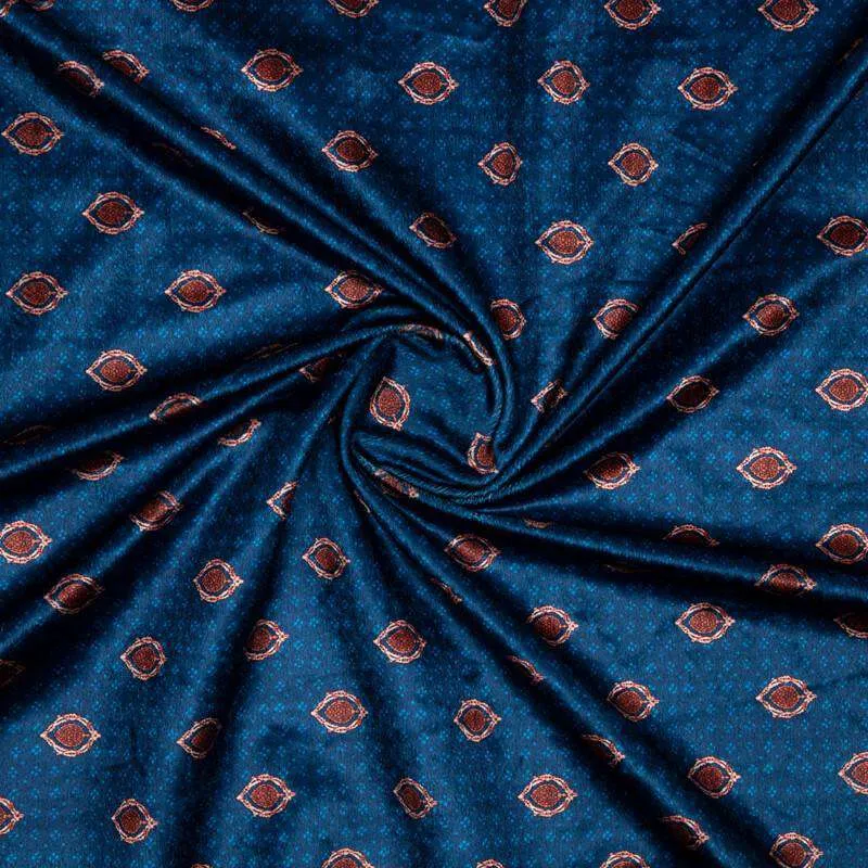 Aegean Blue Booti Pattern Digital Print Velvet Fabric (Width 58 inches)