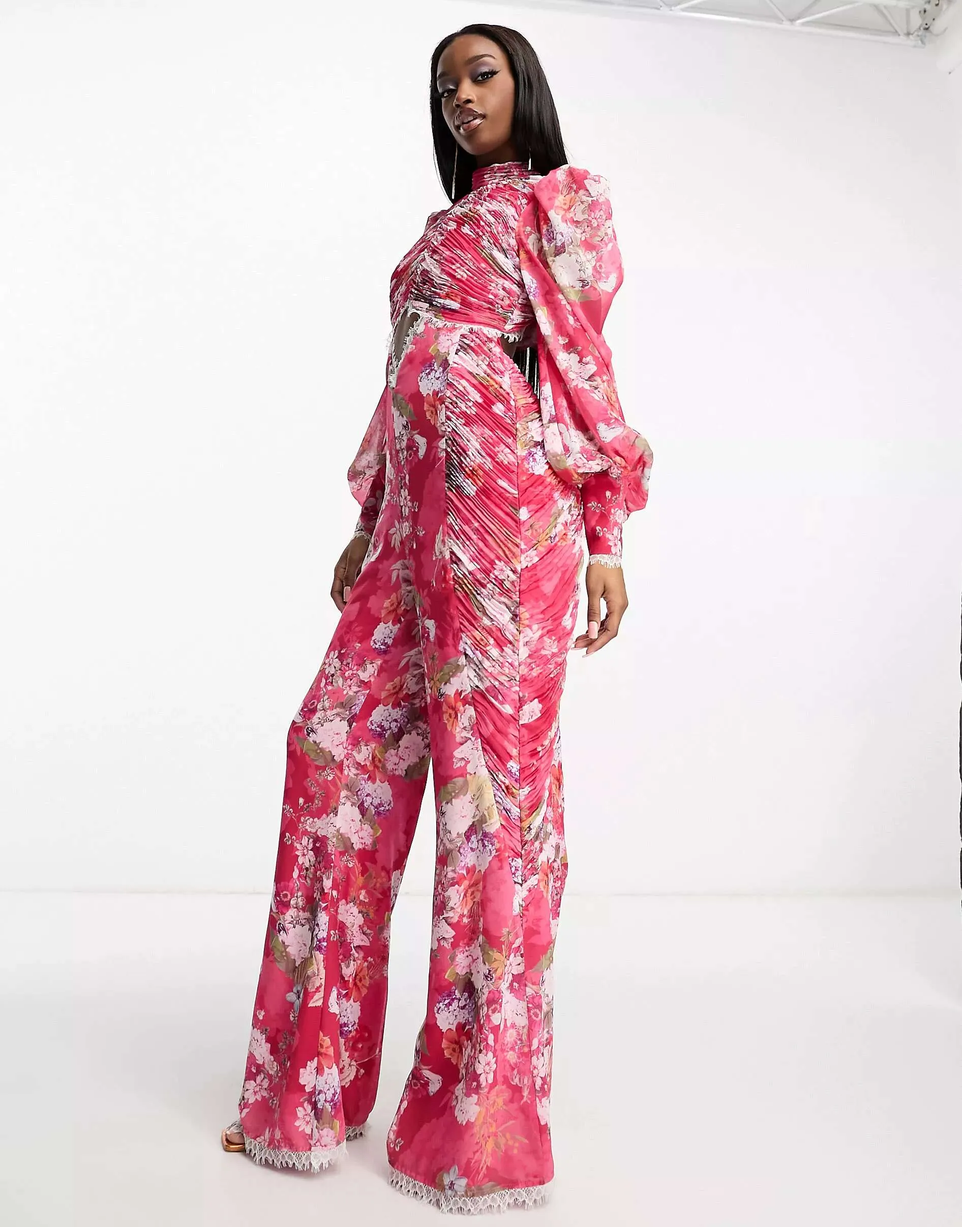 ASOS LUXE ruched chiffon jumpsuit blouson sleeves and floral lace detail