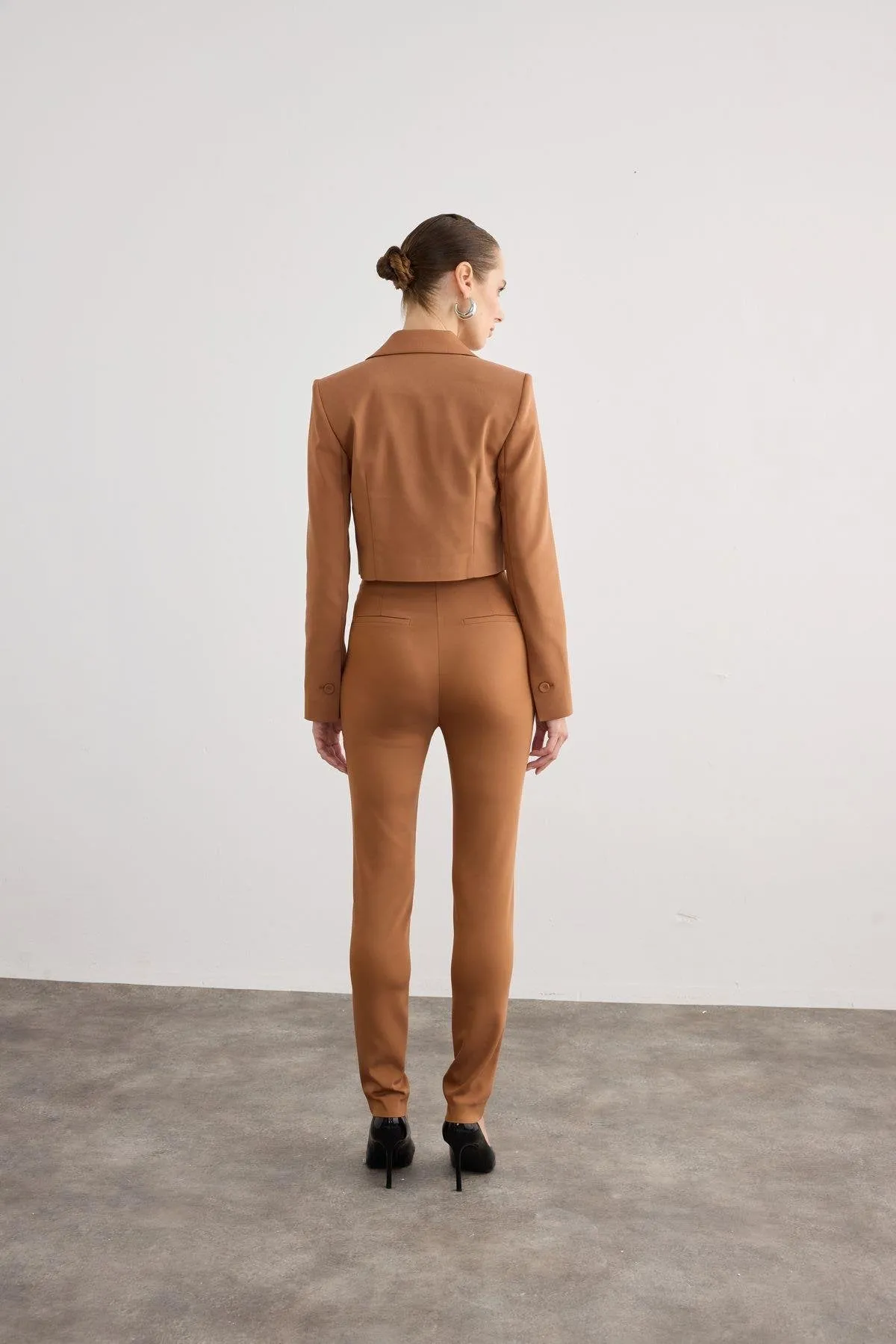 Asymmetric Detailed Narrow Leg Tobacco Trousers