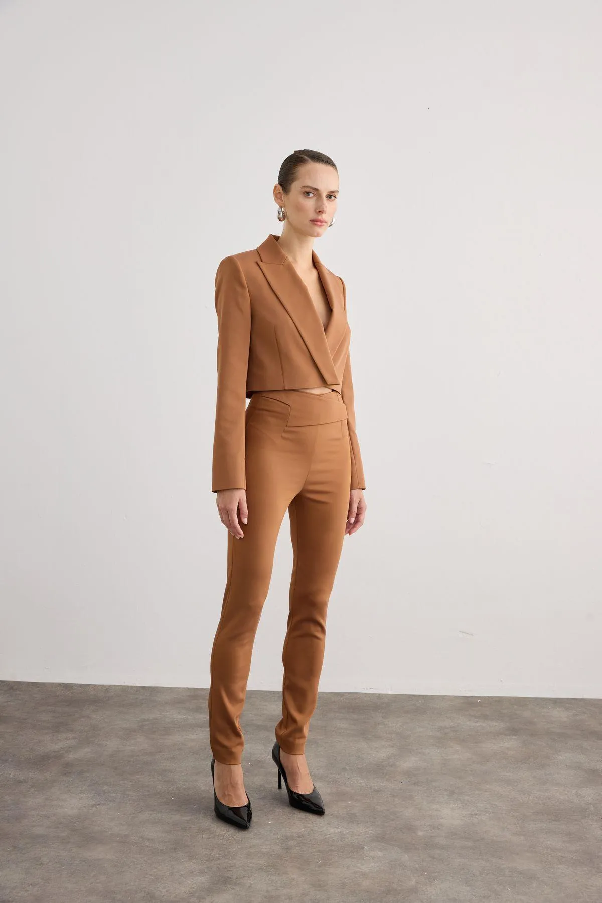 Asymmetric Detailed Narrow Leg Tobacco Trousers