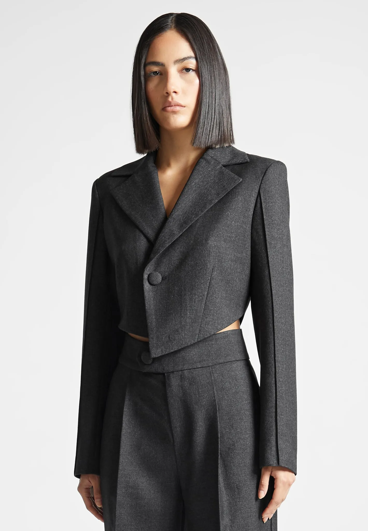 Asymmetric Tailored Cropped Blazer - Dark Grey