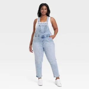 Ava & Viv Women's High-Rise Denim Overalls Straight Leg Jumpsuits, Light Blue