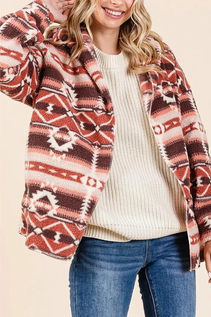 Aztec Tribal Print Hooded Oversize Fleece Jacket