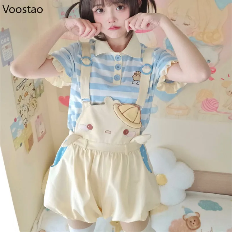 Baby Chick Embroidery Overalls Shorts