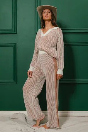 BiBi Two Toned Textured Ribbed Knit Sweater and Pants Set in Ivory/Cinnamon ON ORDER