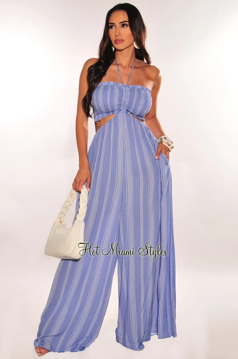 Blue Striped Smocked Halter Drawstring Cut Out Jumpsuit