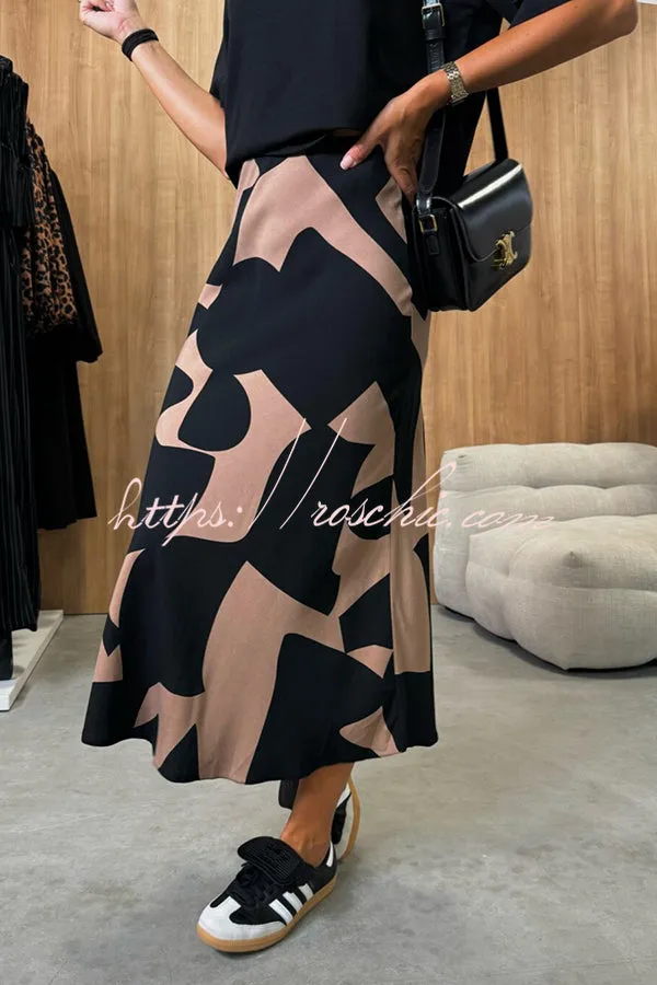 Breezy Composure Unique Print High Rise Elastic Waist Midi Skirt