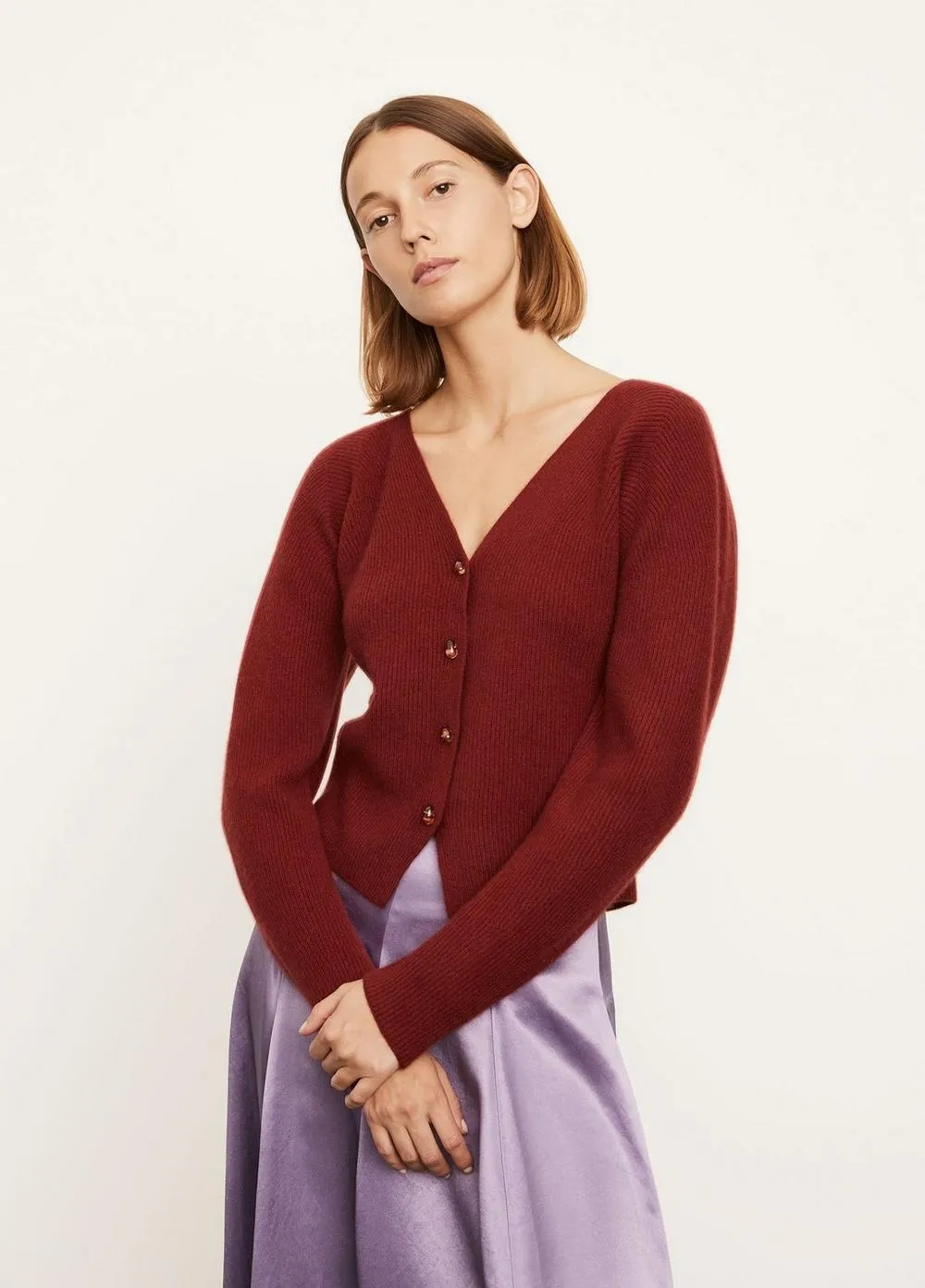 Cashmere Ribbed Open Neck Cardigan in Currant