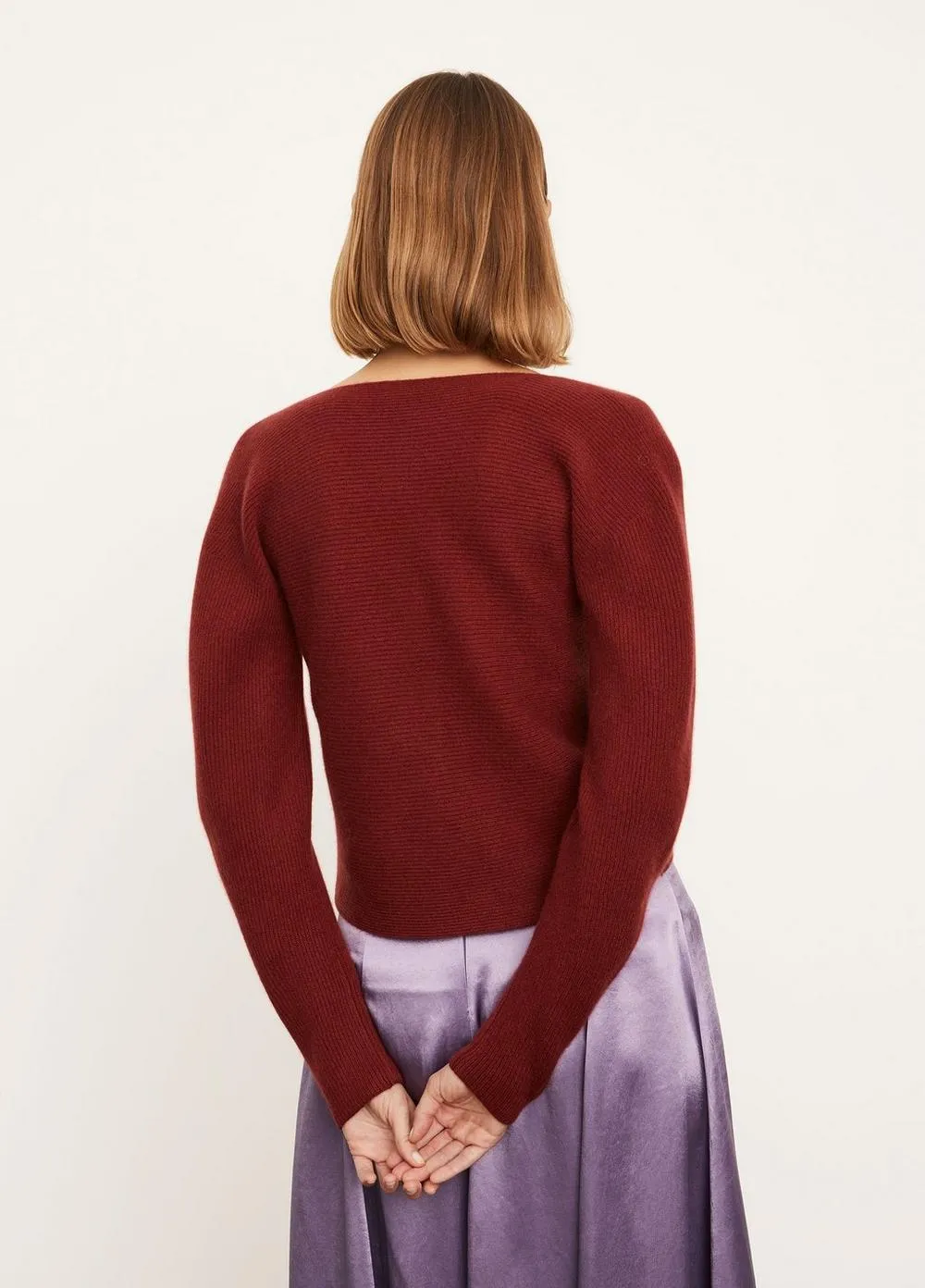 Cashmere Ribbed Open Neck Cardigan in Currant