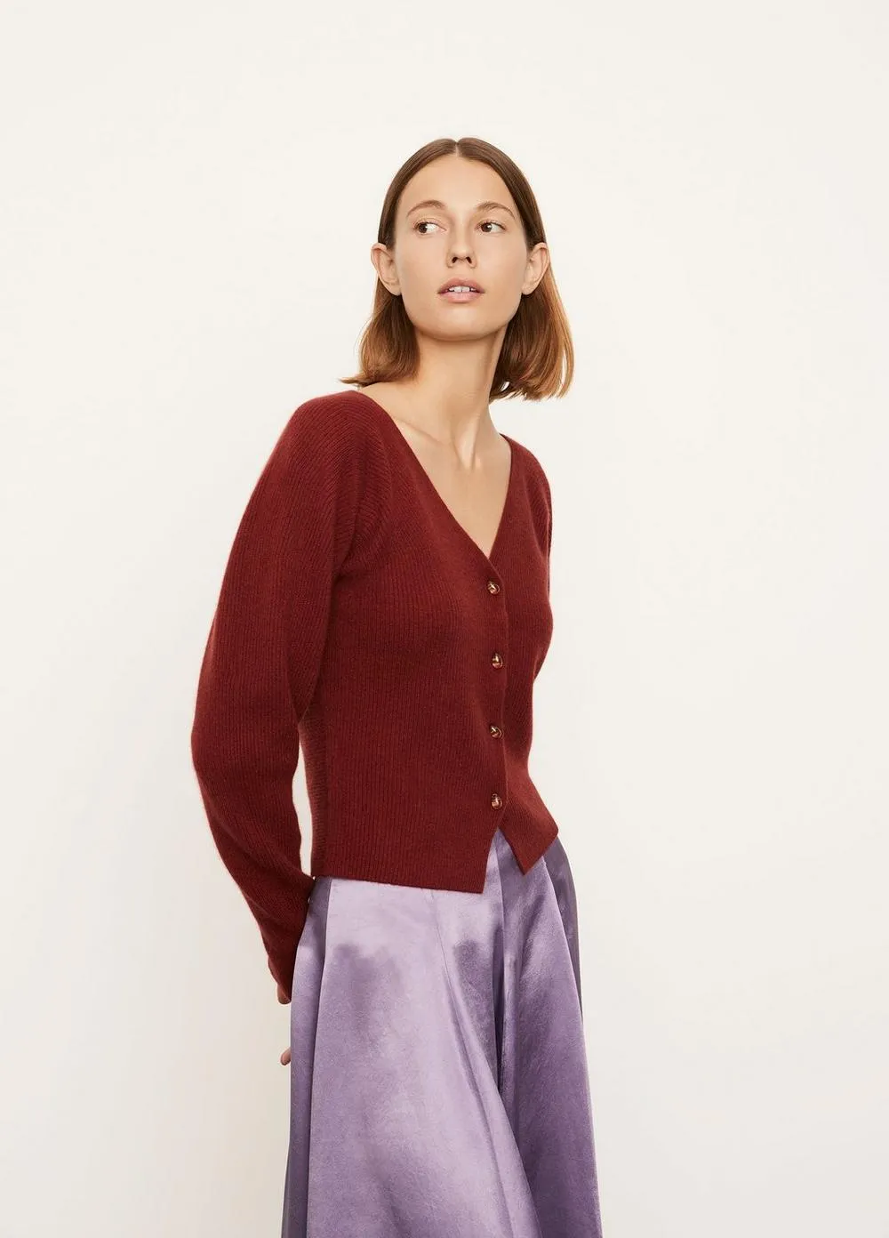 Cashmere Ribbed Open Neck Cardigan in Currant