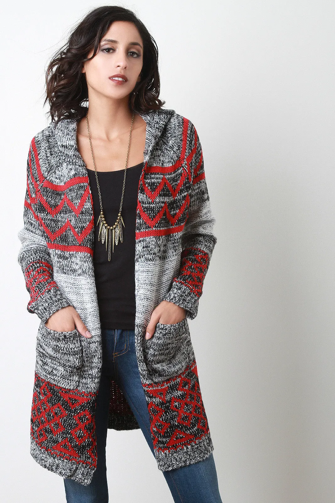 Chevron Accent Hoodie Cardigan