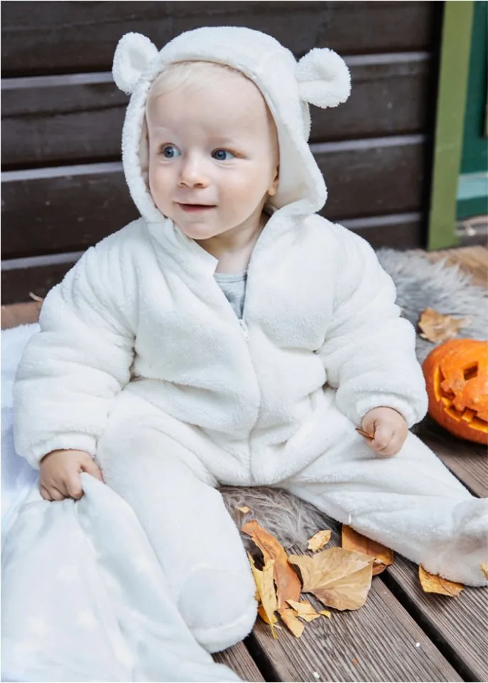 Children's fleece overalls with a cute plush face and ears Bpc Bonprix Collection white