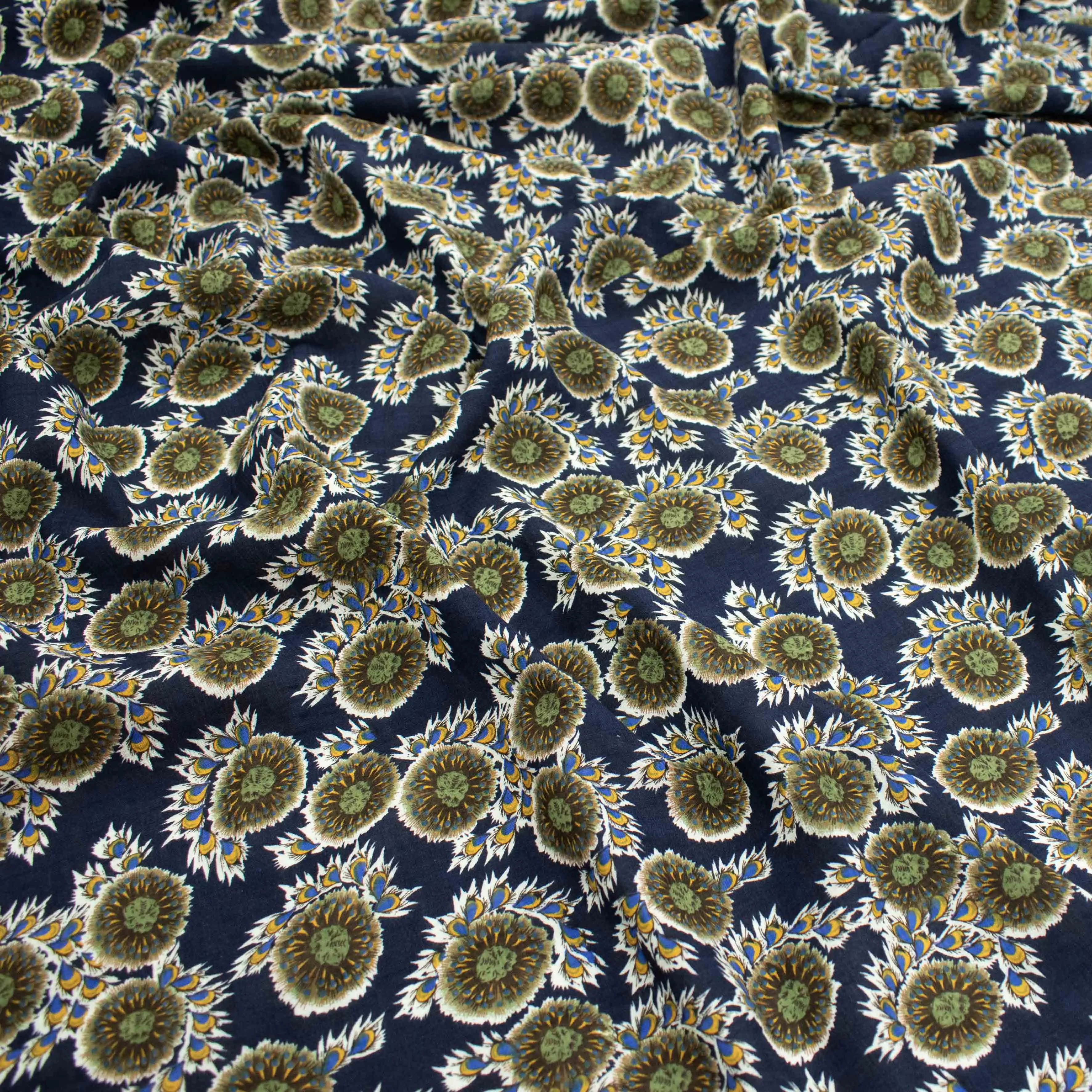 Crinkle Cotton Prints Design-11 Green Floral on Navy