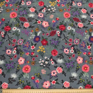 Crinkle Cotton Prints Design-14 Pink Floral on Grey