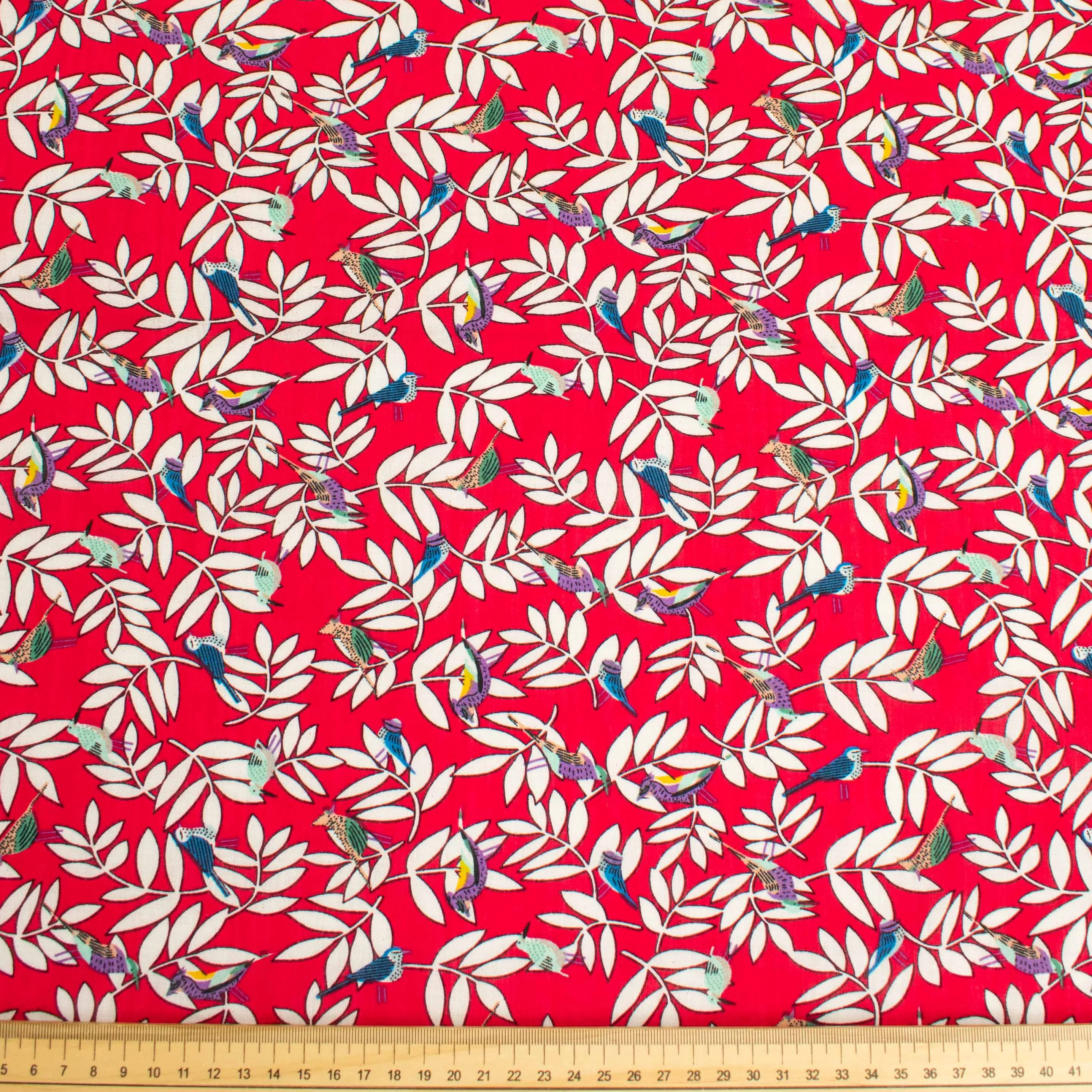 Crinkle Cotton Prints Design-3 White Leaves & Birds on Red