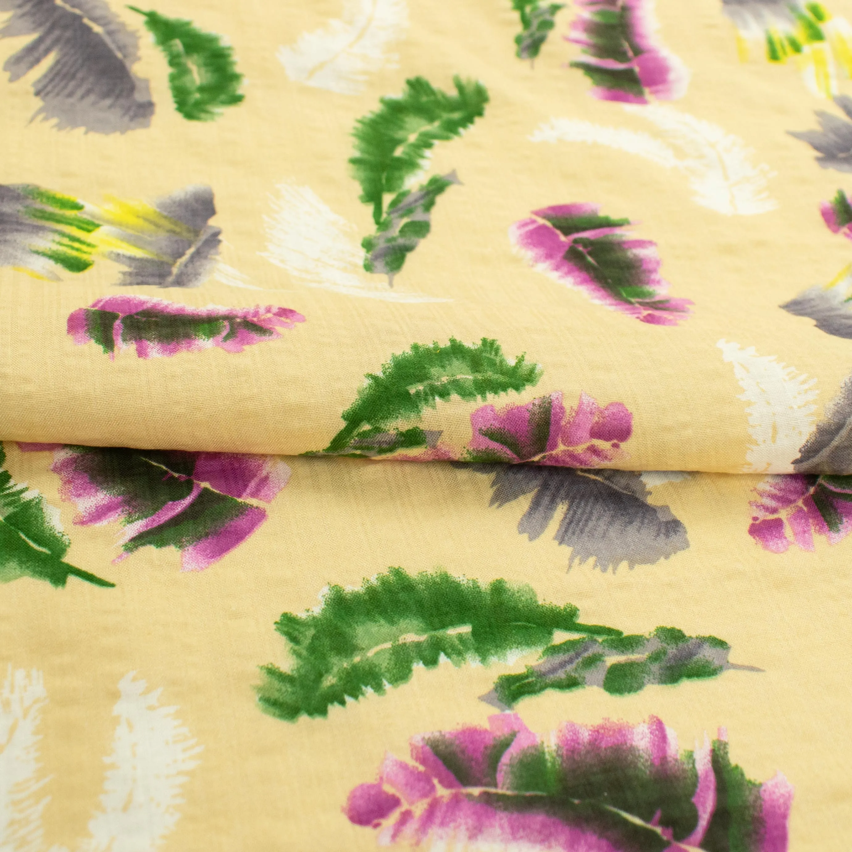 Crinkle Cotton Prints Design-8 Green & Pink Feathers on Yellow