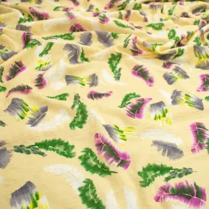 Crinkle Cotton Prints Design-8 Green & Pink Feathers on Yellow