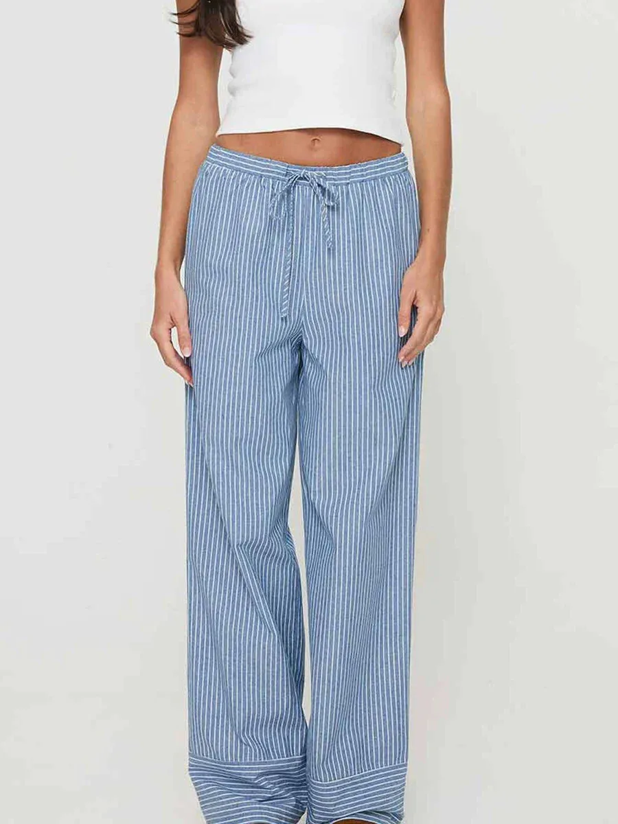 Elastic Casual Blue Loose Basics Versatility Daily Striped Pants