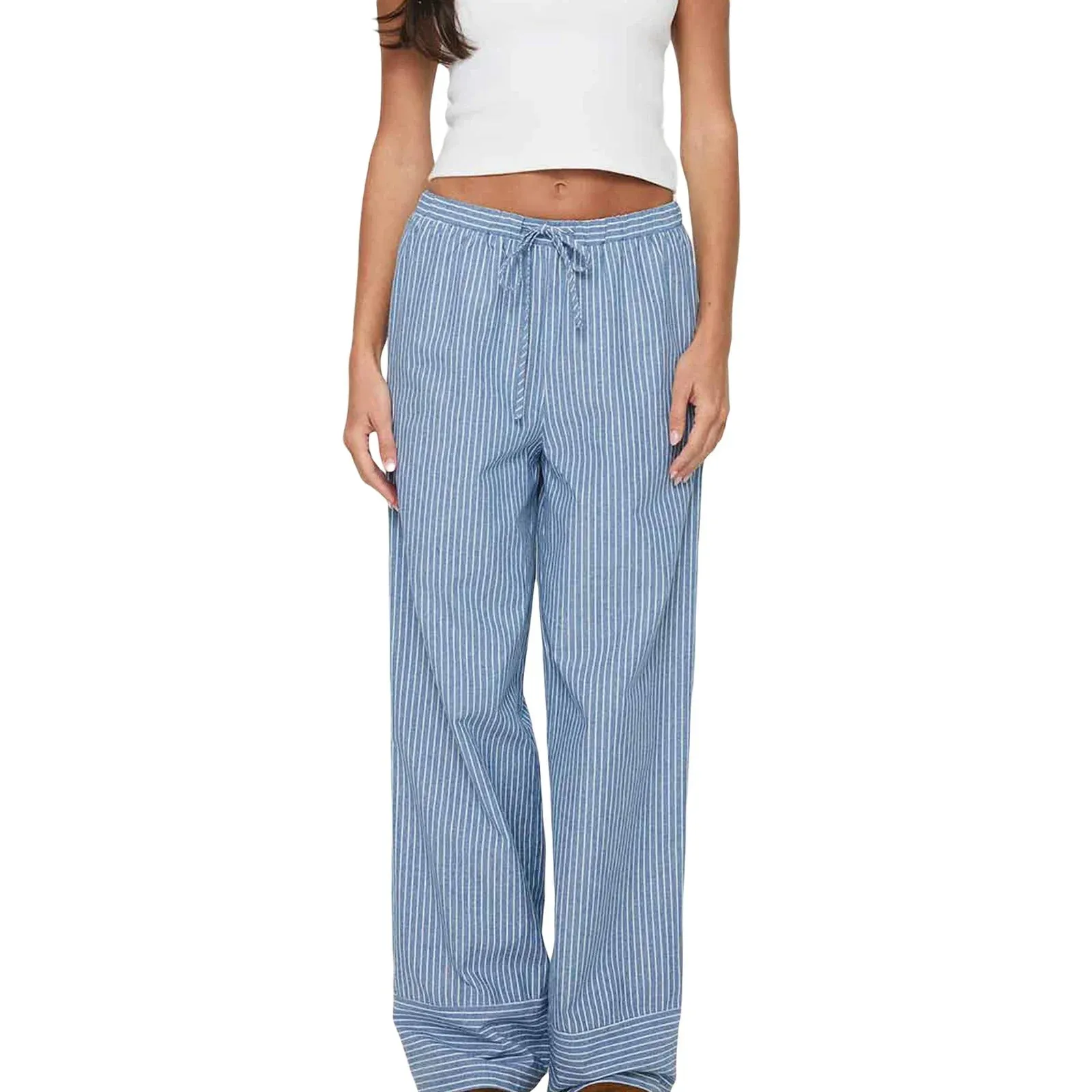 Elastic Casual Blue Loose Basics Versatility Daily Striped Pants