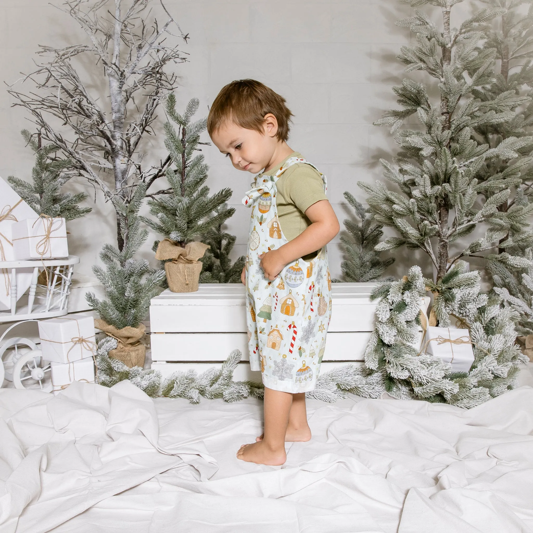 Gingerbread Christmas - Linen Short Overalls dungarees