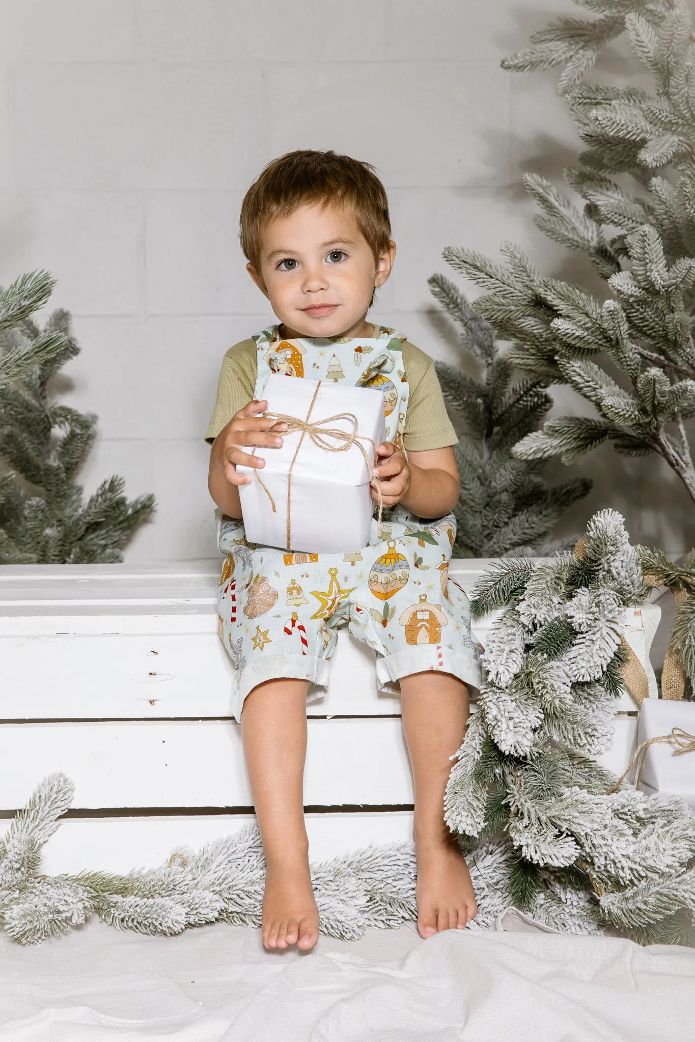 Gingerbread Christmas - Linen Short Overalls dungarees