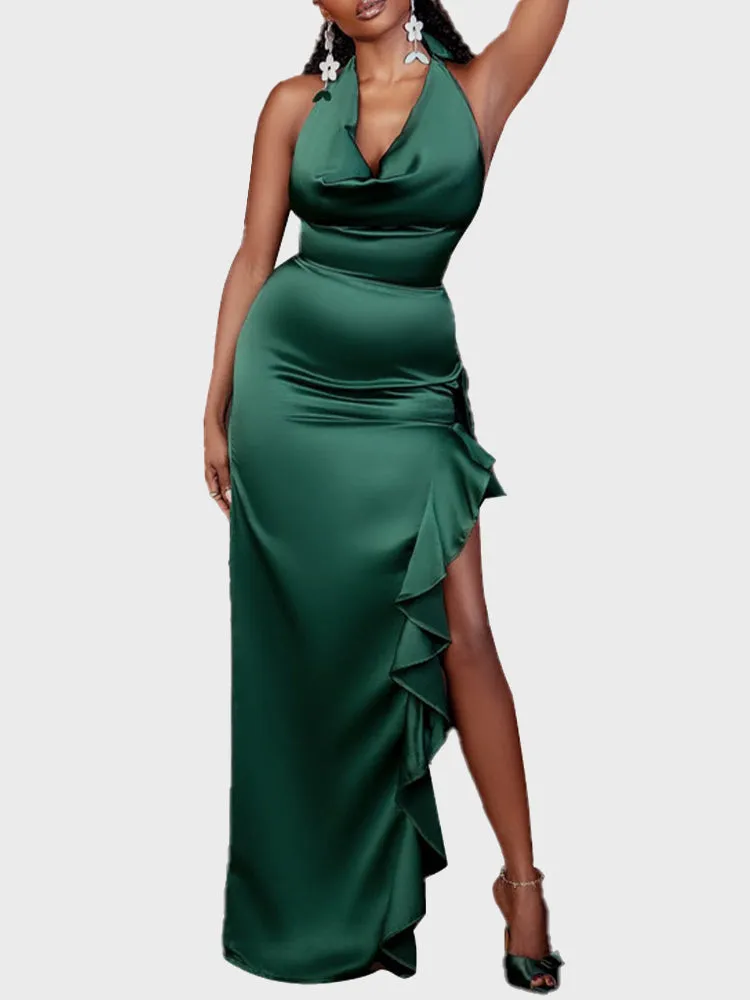 Halter Neck Falbala Slit Dress