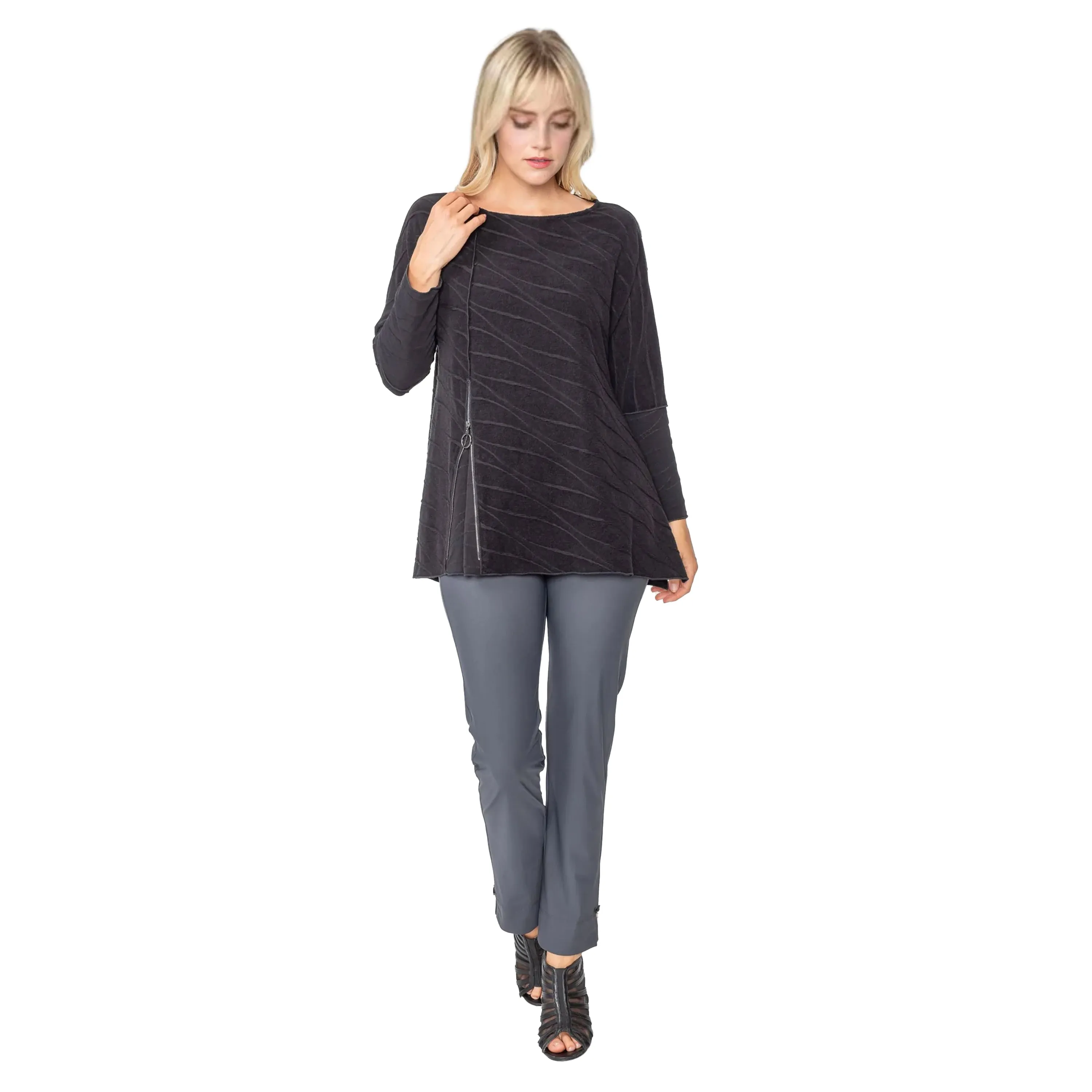 IC Collection Textured Zip Detail Tunic in Black - 5369T- BLK - Size S Only!