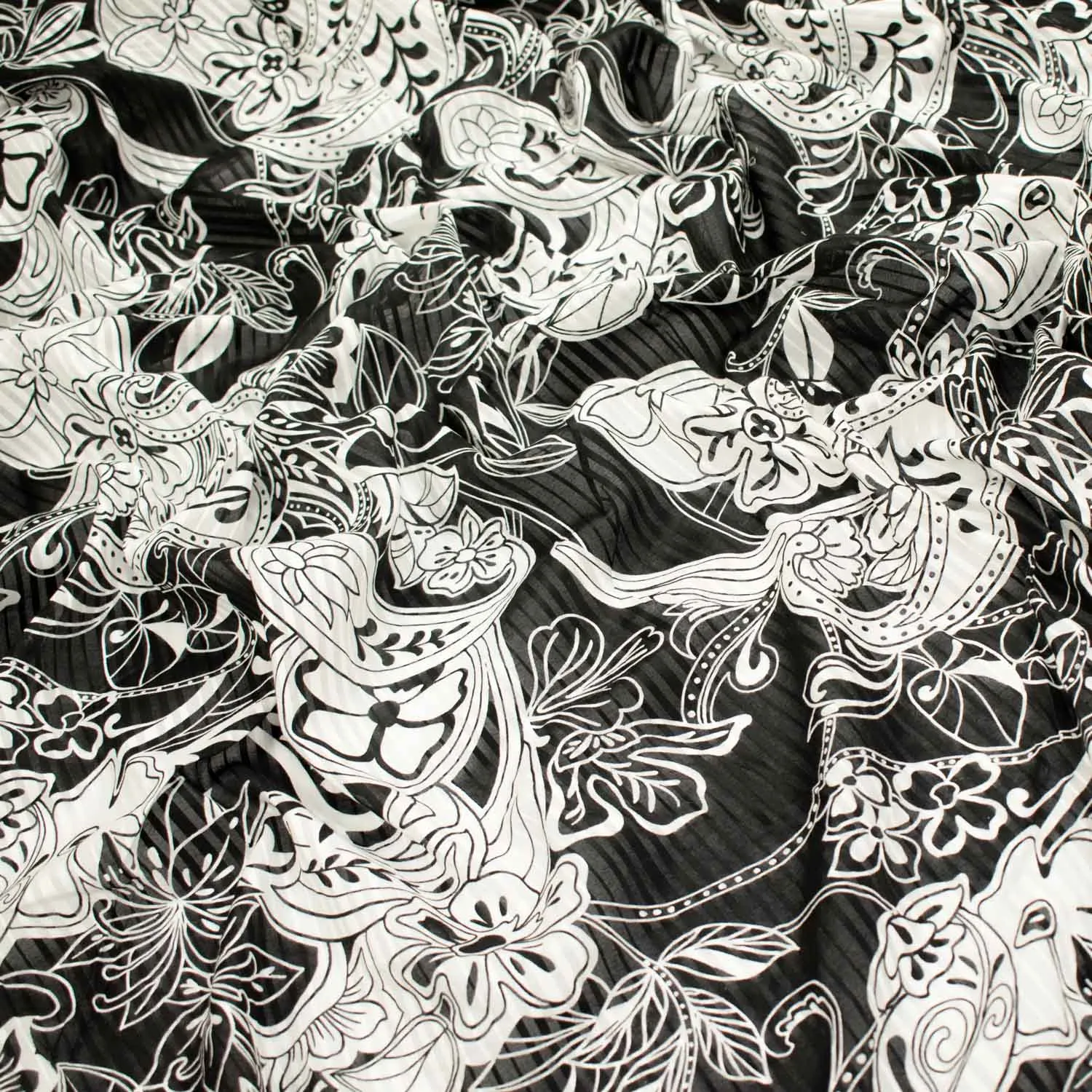 Japanese Cotton Prints Black & White Florals Design-10