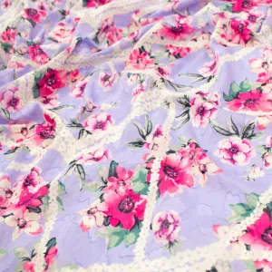 Japanese Pure Cotton Lawn Prints Design-153 Pink Flowers and White Lace Stripes on Lavender