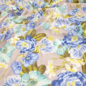 Japanese Pure Cotton Lawn Prints Design-201 Large Blue & Teal Flowers on Grey