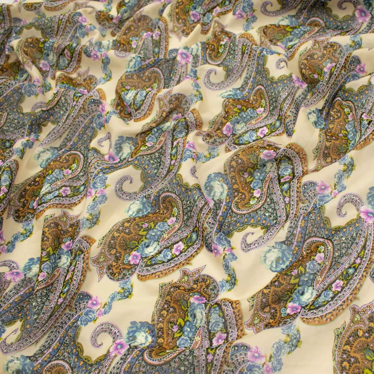 Japanese Pure Cotton Lawn Prints Design-211 Brown & Grey Paisley on Pale Yellow