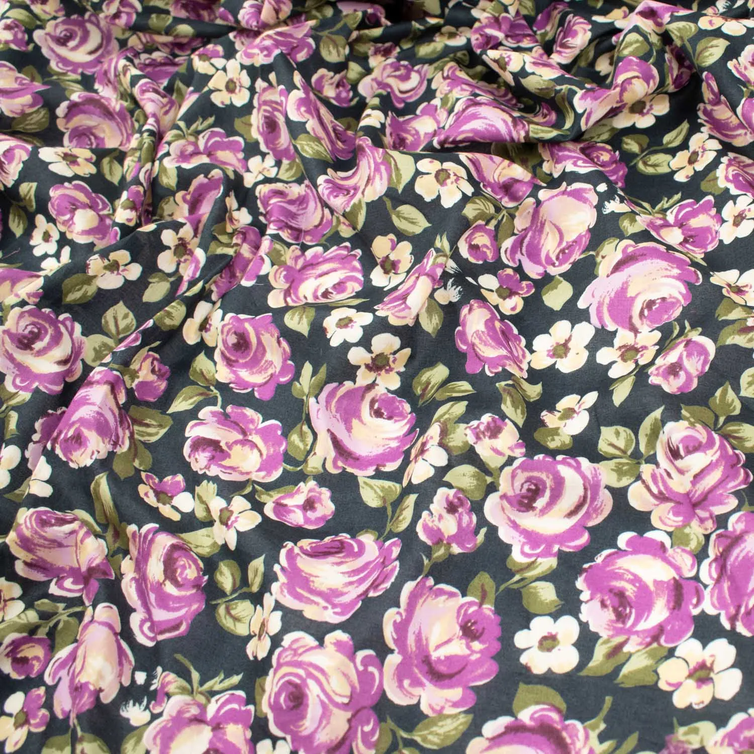 Japanese Pure Cotton Lawn Prints DF-225 Purple Roses on Dark Navy