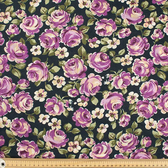 Japanese Pure Cotton Lawn Prints DF-225 Purple Roses on Dark Navy