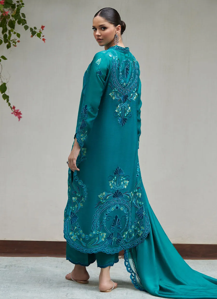 Leona Emerald Embroidered Cotton Net Shirt with Silk Dupatta