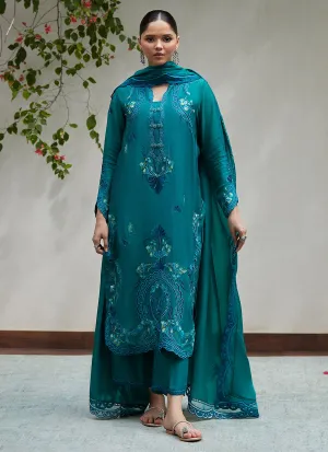 Leona Emerald Embroidered Cotton Net Shirt with Silk Dupatta