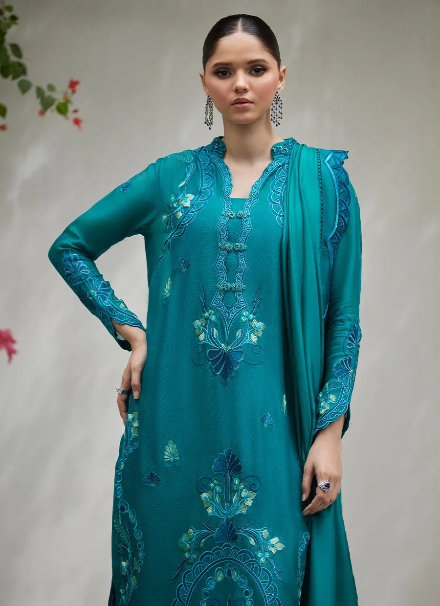 Leona Emerald Embroidered Cotton Net Shirt with Silk Dupatta