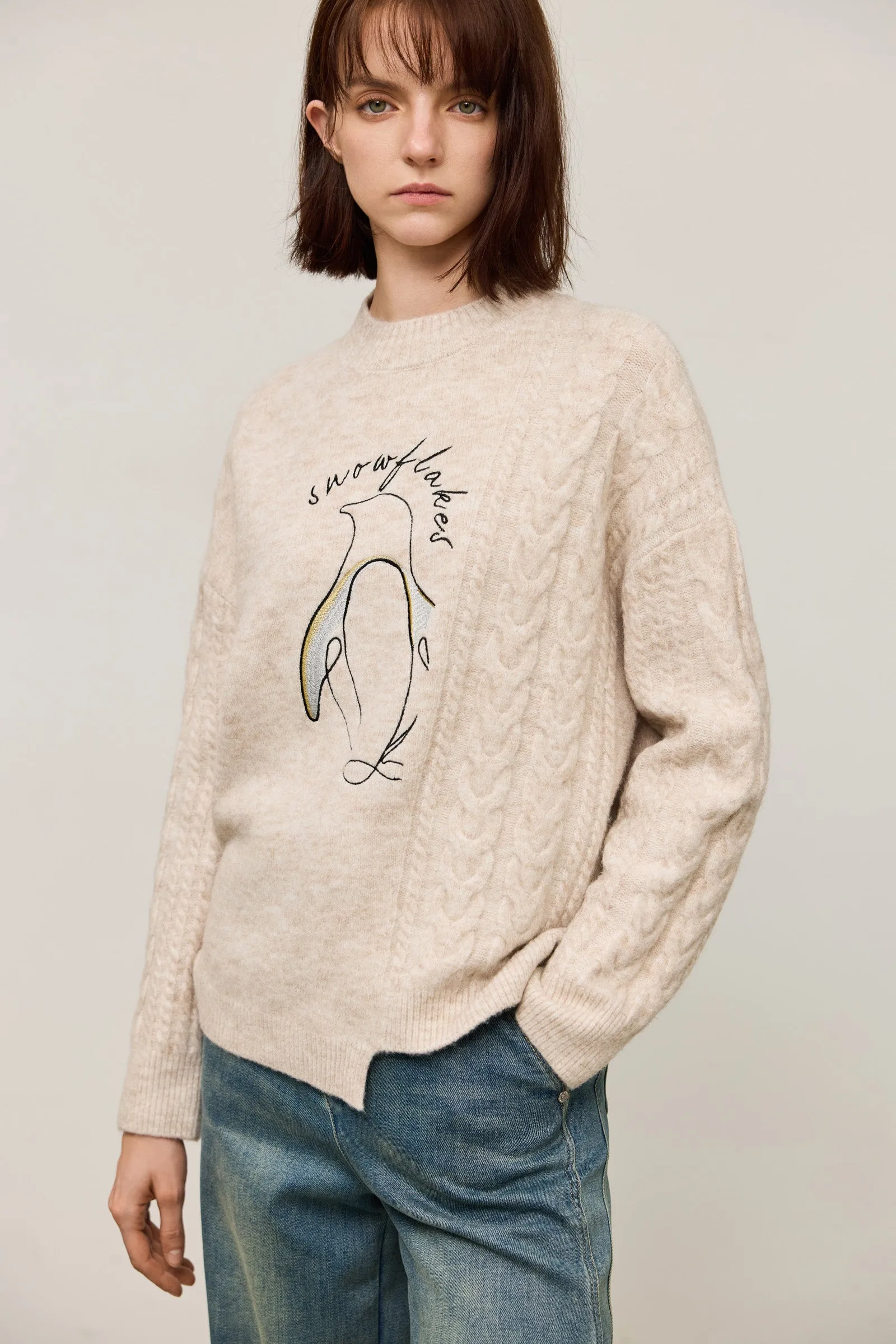 LILY Textured Penguin Cable Knit Sweater