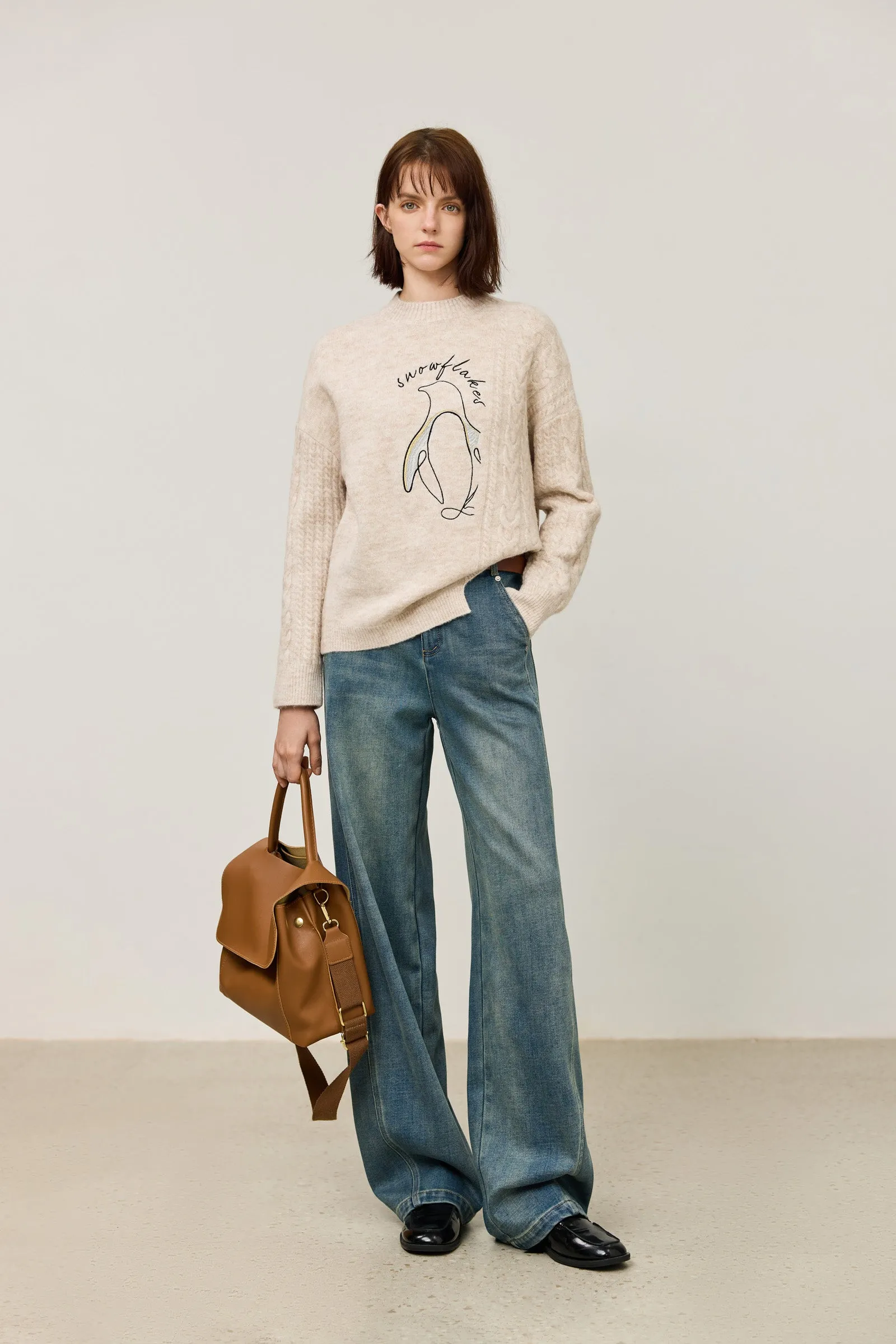 LILY Textured Penguin Cable Knit Sweater