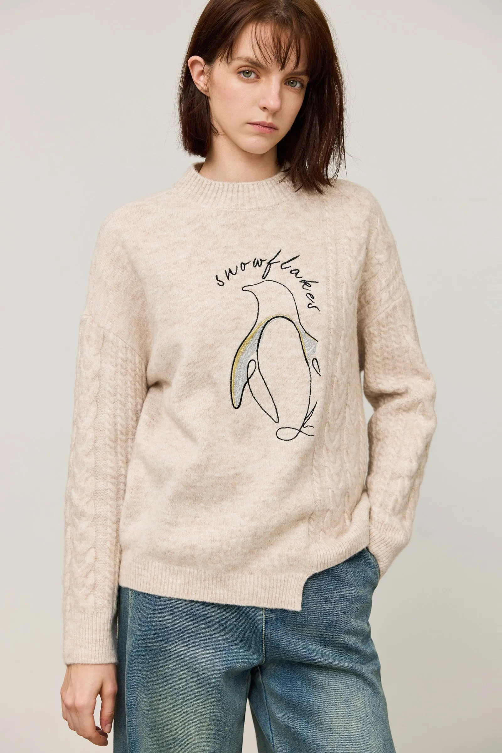 LILY Textured Penguin Cable Knit Sweater