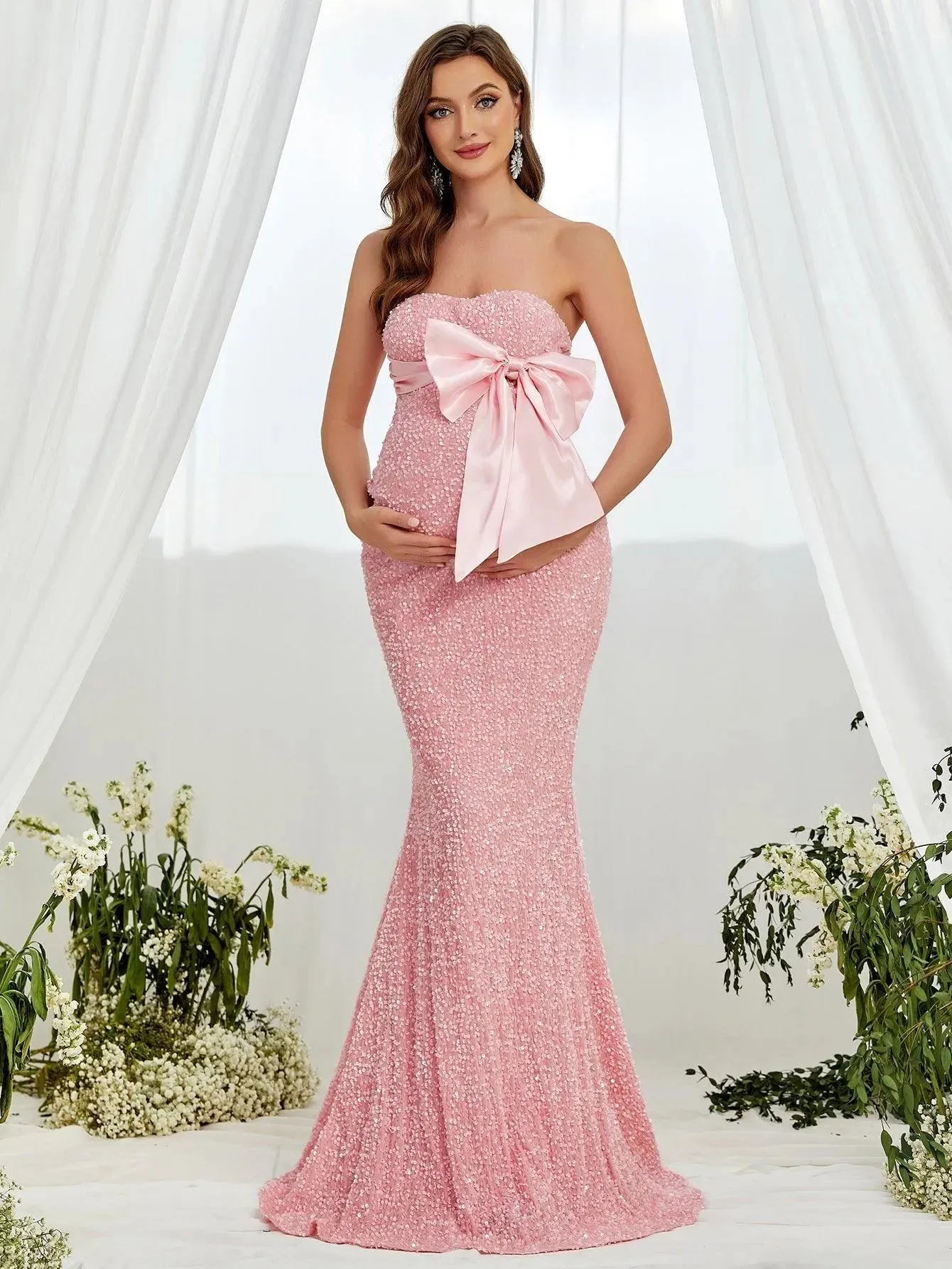 Maternity Bow Front Mermaid Hem Sequin Tube Dresses