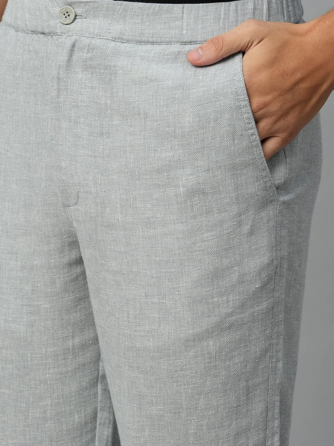 Men's Grey Cotton Linen Regular Fit Draw String Pant