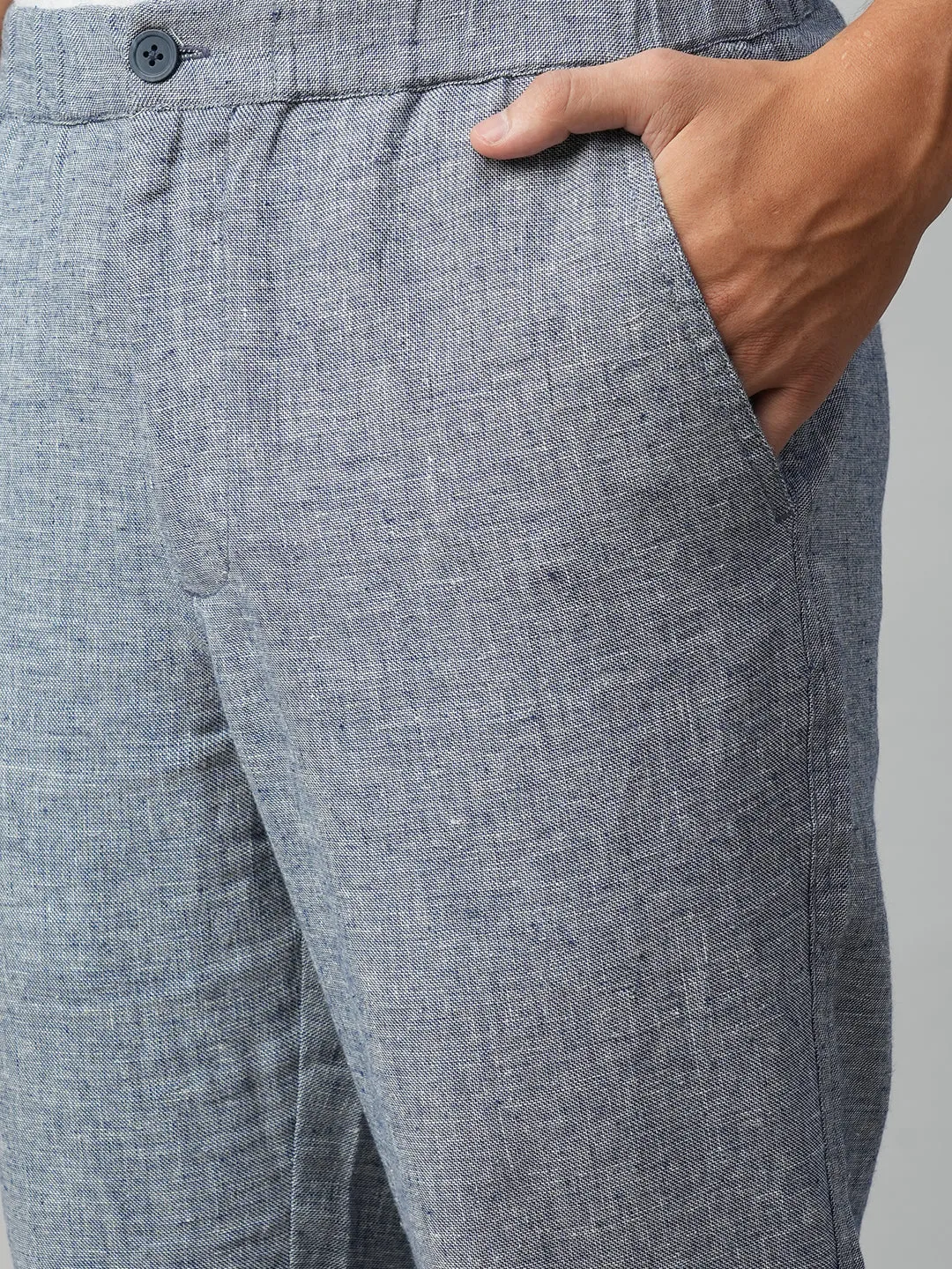 Men's Navy Cotton Linen Regular Fit Draw String Pant