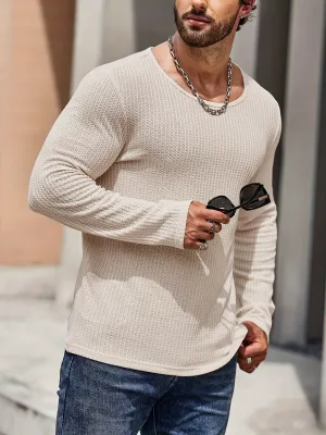 Men's Solid Color Knit Textured Sweater, Long Sleeve Crew Neck Retro Style Pullover Top As Gift