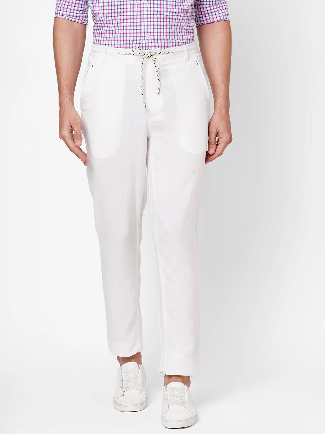 Men's White Linen Viscose Regular Fit Pant