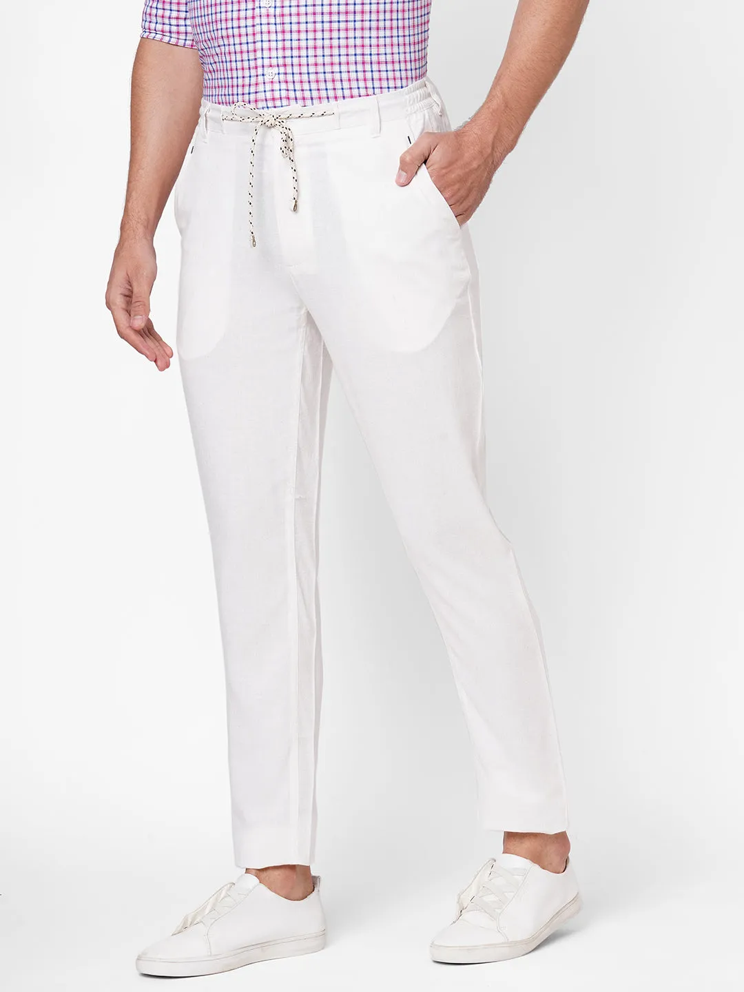 Men's White Linen Viscose Regular Fit Pant