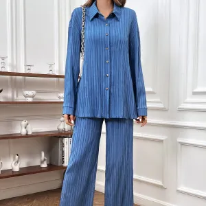 Nsquared Button Shirt Solid Color Straight-leg Pants Two Pieces