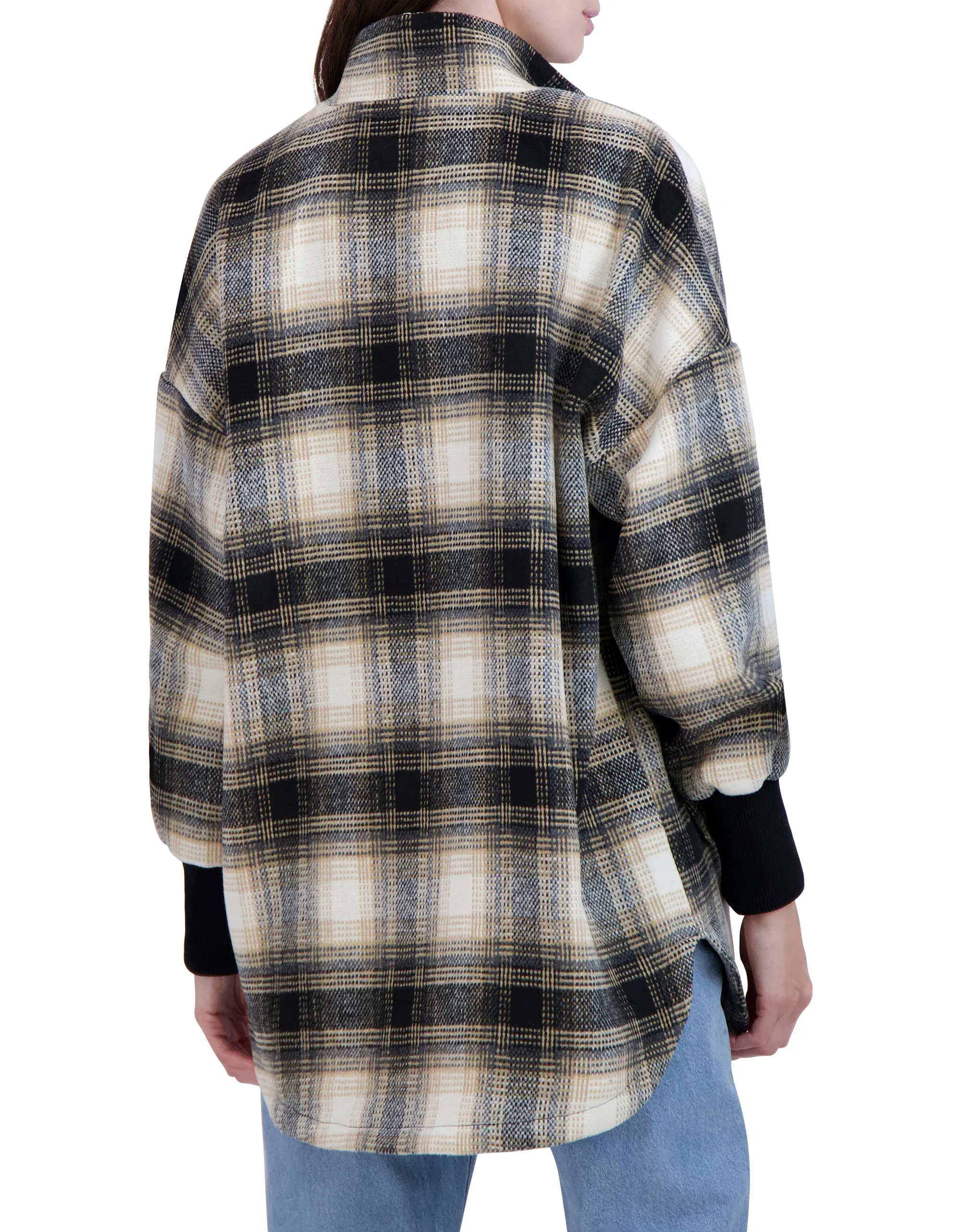 Ookie & Lala Zip Front Vegan Cashmere Plaid Jacket with Drop Shoulder & Rib Cuffs