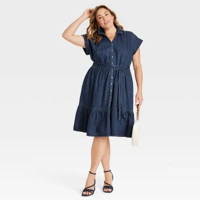 Open Box - Women's Short Sleeve Denim Tiered Midi A-Line Dress - Ava & Viv Dark Wash 1X